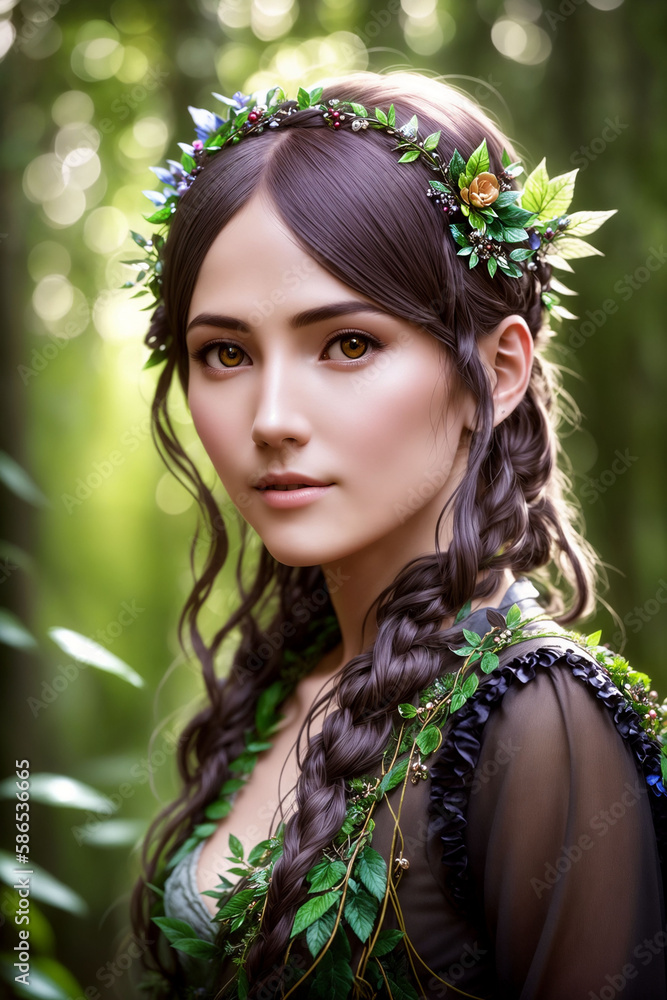 Naklejka premium Beautiful inhabitant of the forest, mythical character of fairy tales and fantasy, nymph, fairy, naiad. Generative AI
