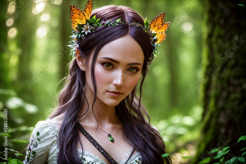 Beautiful inhabitant of the forest, mythical character of fairy tales and fantasy, nymph, fairy, naiad. Generative AI