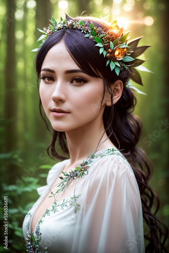 Beautiful inhabitant of the forest, mythical character of fairy tales and fantasy, nymph, fairy, naiad. Generative AI
