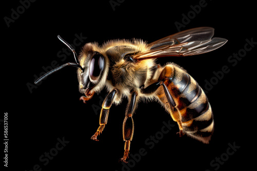 Stunning Macro Shot of a Flying Bee Isolated Against a Black Background, Generative AI