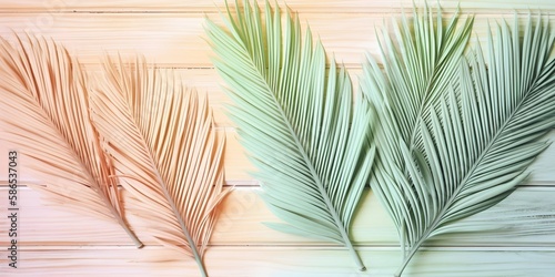 Palm Leaves Pastel Colored Wooden Table Background   Generative AI Artwork