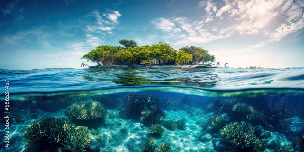 Karibik Insel aus Sicht eines Schnorchlers im Meer mit Riff und Korallen Südsee Malediven Seychellen (Generative AI) Digital Art Kunst Hintergrund Wandbild Cover Magazin Karibik Insel aus Sicht eines Schnorchlers im Meer mit Riff und Korallen Südsee Malediven Seychellen (Generative AI) Digital Art Kunst Hintergrund Wandbild Cover Magazin