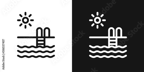Outdoor swimming pool sign. Pool and sun icon