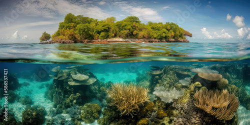 Karibik Insel aus Sicht eines Schnorchlers im Meer mit Riff und Korallen S  dsee Malediven Seychellen  Generative AI  Digital Art Kunst Hintergrund Wandbild Cover Magazin