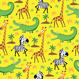 Safari seamless pattern, cartoon zebra, giraffe and alligator in savanna. Good for textile print, poster, card, wrapping and wall paper design.