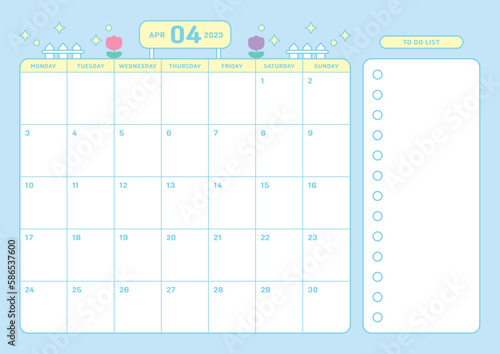 April 2023 simple design digital and printable calendar template illustration. Notes, scheduler, diary, calendar, memo, planner document template background. 