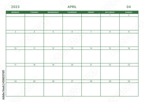 April 2023 simple design digital and printable calendar template illustration. Notes, scheduler, diary, calendar, memo, planner document template background. 