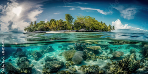 Karibik Insel aus Sicht eines Schnorchlers im Meer mit Riff und Korallen Südsee Malediven Seychellen (Generative AI) Digital Art Kunst Hintergrund Wandbild Cover Magazin © Korea Saii