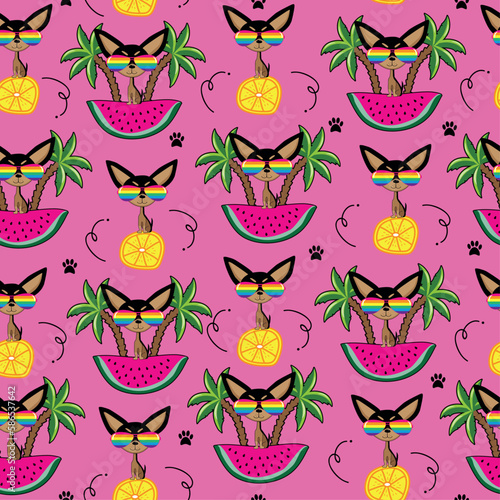 Tropical seamless pattern, with funny cartoon chihuahua dog and watermelon, lemon slice and island. Good for textile print, cover, banner, wrapping and wallpaper design.