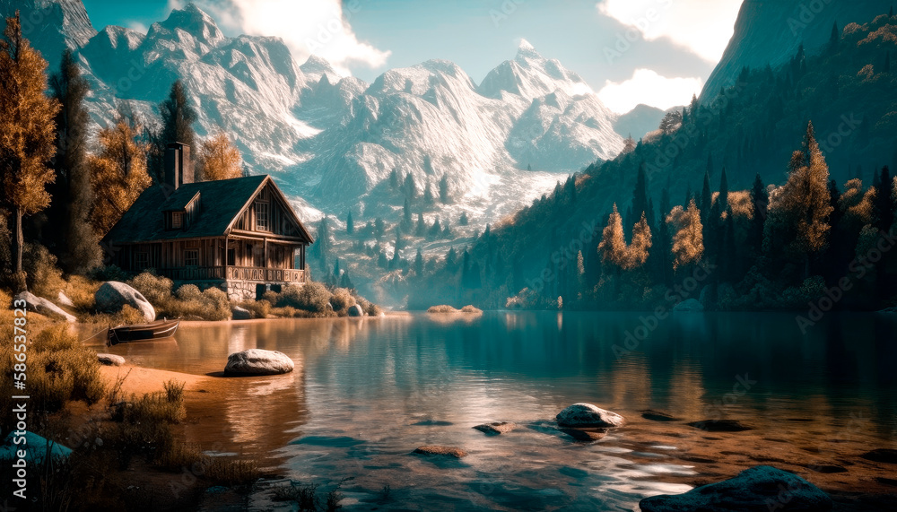 Fototapeta premium The old house is at the foot of the high mountains by the lake. AI generated.