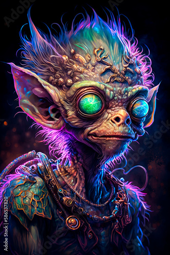 Portrait of an alien gremlin with a bioluminescent vibrant hairs. AI generated.