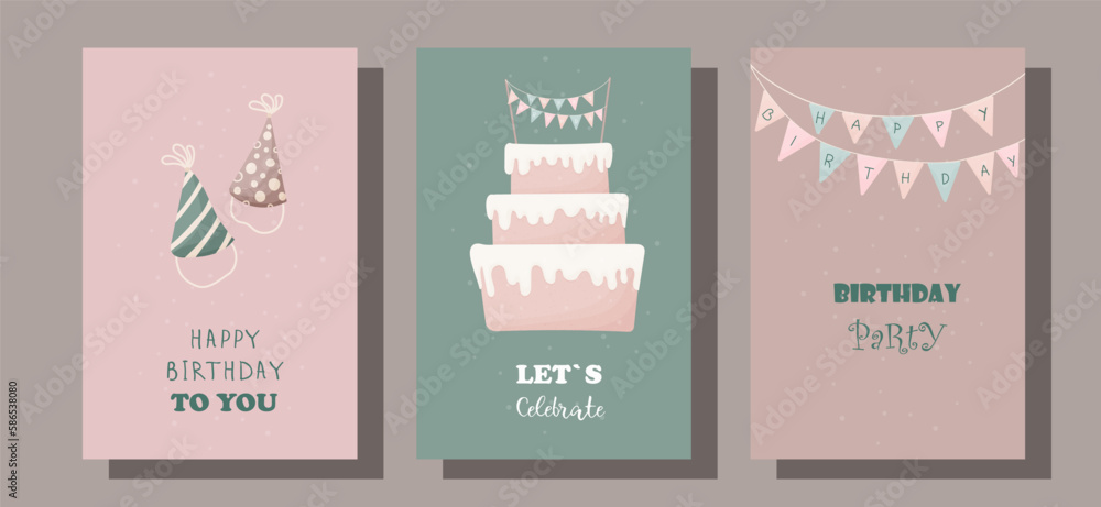 A set of birthday cards. Save the date. Birthday party invitations. Birthday card