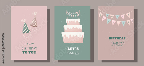A set of birthday cards. Save the date. Birthday party invitations. Birthday card