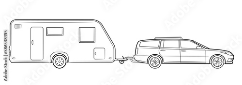Station wagon car with camping trailer vector stock illustration.