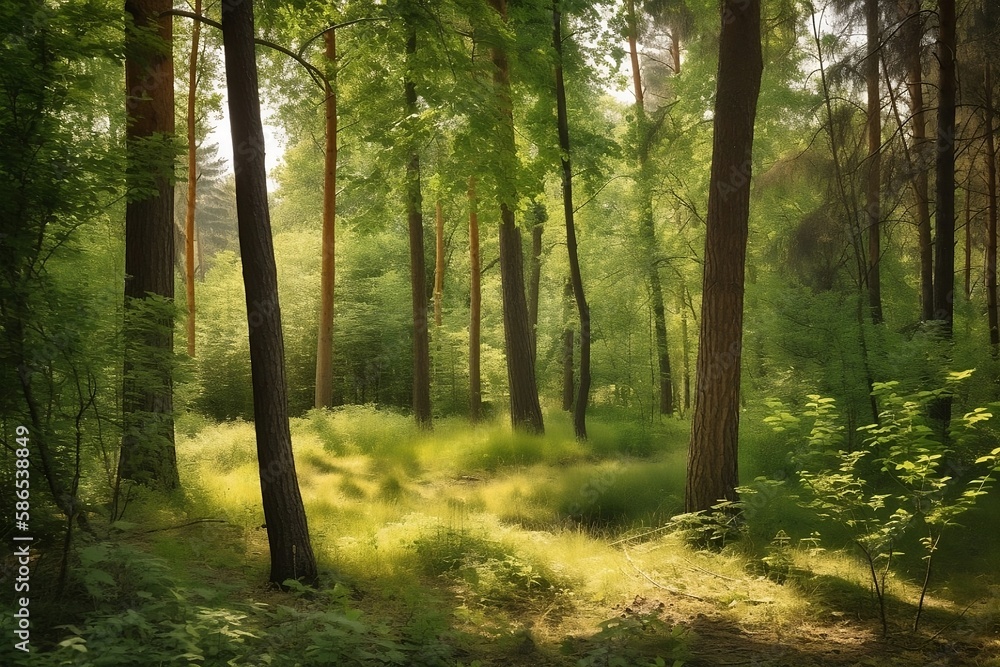 Obraz premium Green Summer Panorama: Forest Landscape with Trees, Nature Background and Sunshine