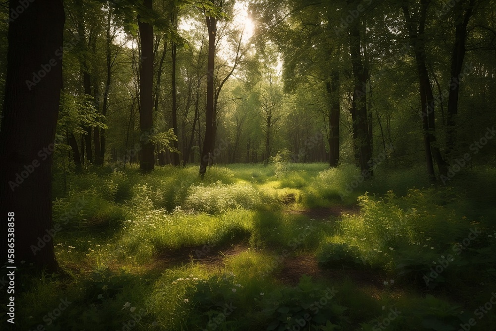 Obraz premium Green Summer Panorama: Forest Landscape with Trees, Nature Background and Sunshine