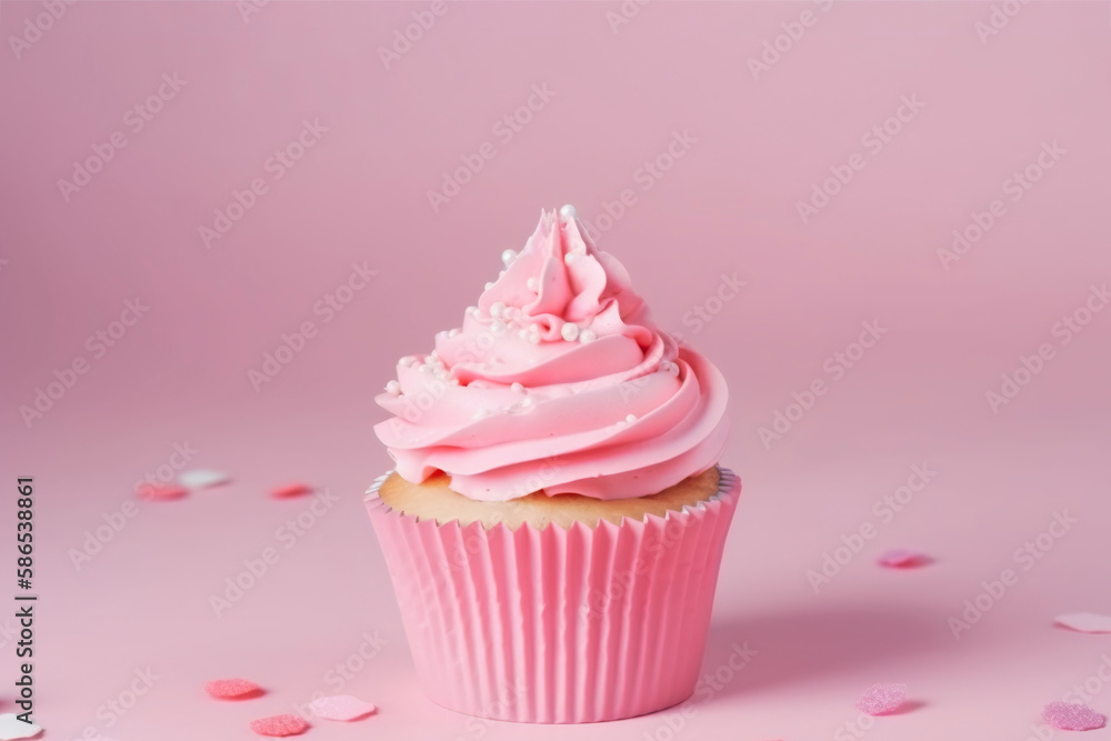 Pink cupcake with copy space on pink background. Happy Birthday, Mother's or Woman's Day, Valentin's Day dessert. Empty space for text. Postcard, greeting card design. Generative AI. Pink cupcake with copy space on pink background. Happy Birthday, Mother's or Woman's Day, Valentin's Day dessert. Empty space for text. Postcard, greeting card design. Generative AI.