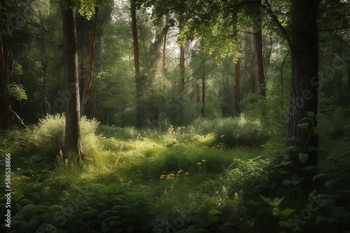 Green Summer Panorama  Forest Landscape with Trees  Nature Background and Sunshine