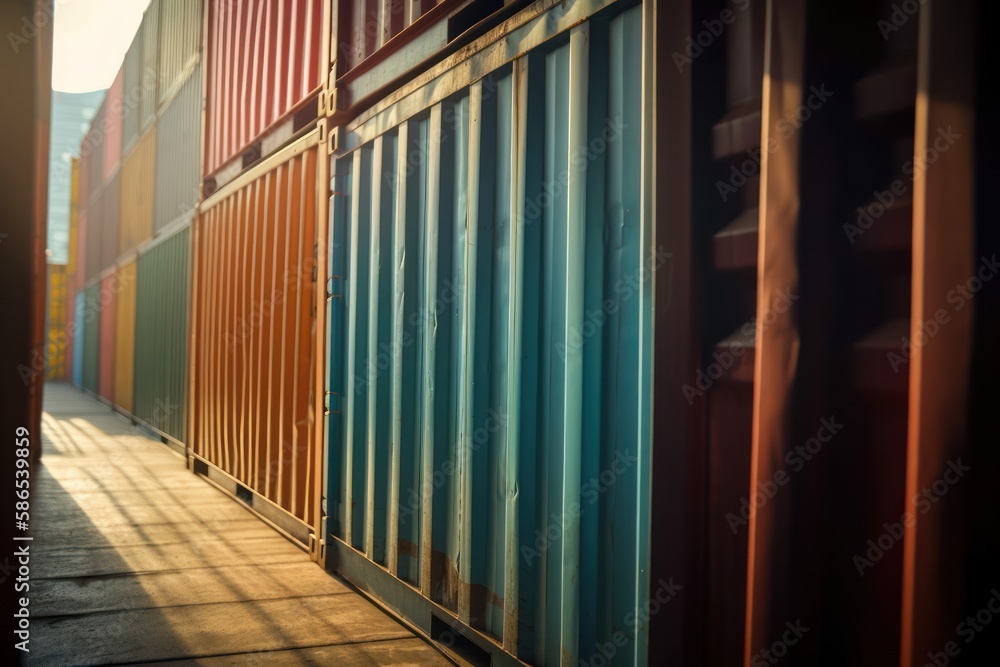 A stack of shipping containers against a blue sky., generative ai