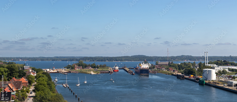Panorama of the locks Between Wik and Holtenau at the mouth of the Kiel Canal in Kiel, Germany