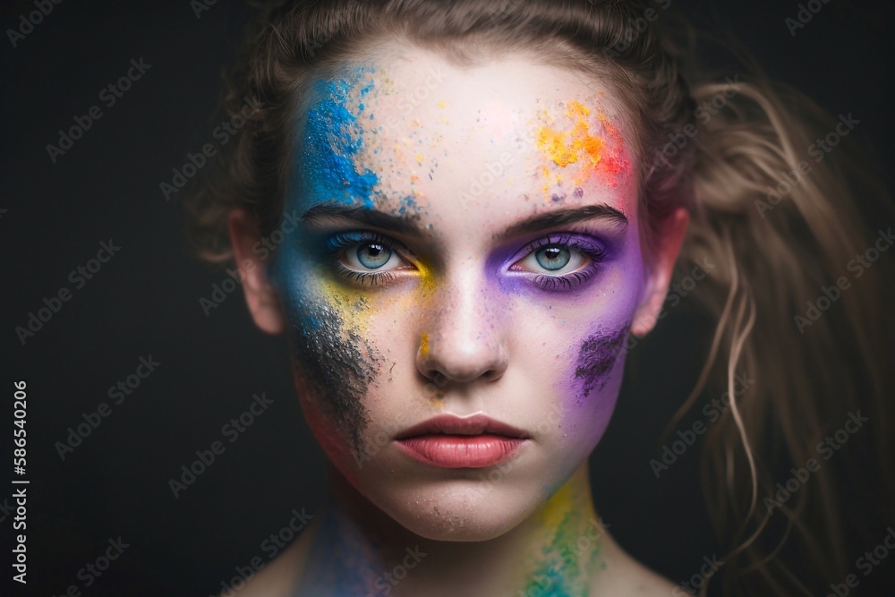 Close-up portrait of a woman with brightly colored and rainbow-like makeup. Generative AI Close-up portrait of a woman with brightly colored and rainbow-like makeup. Generative AI