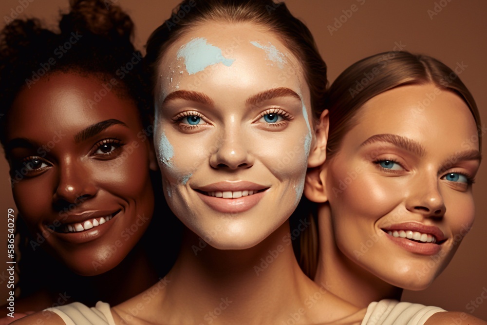 Portrait of positive three girlfriends with perfect skin. Generative AI