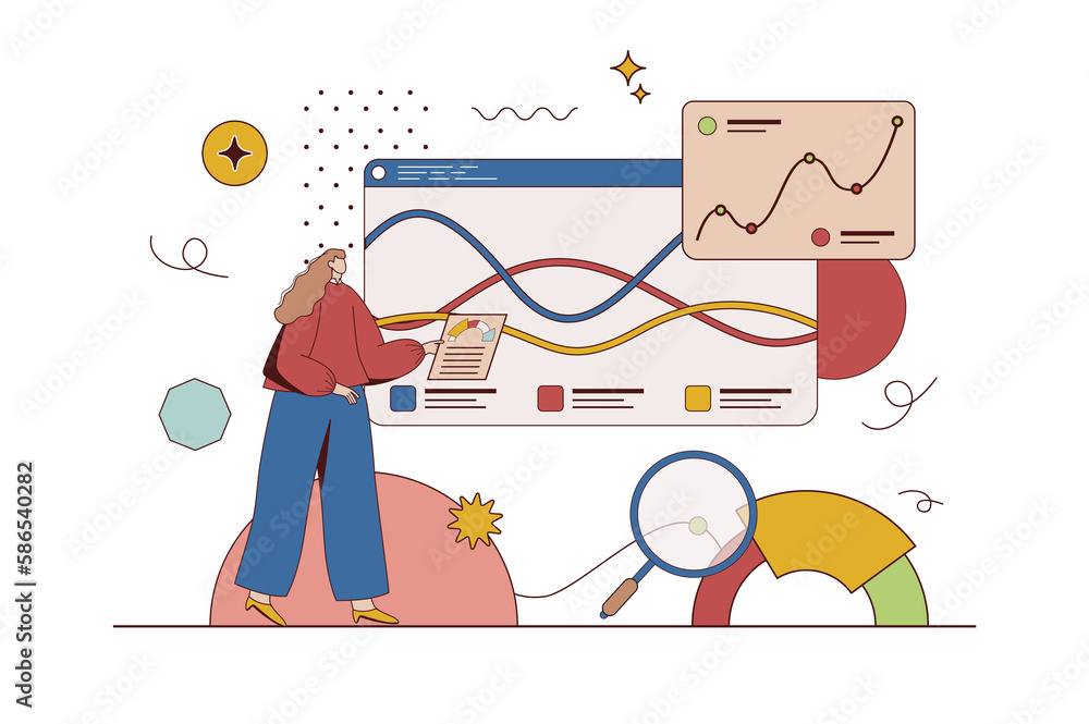 Business statistic concept with character situation in flat design. Woman analyzes data and financial statistics of development of company, writes report. Illustration with people scene for web