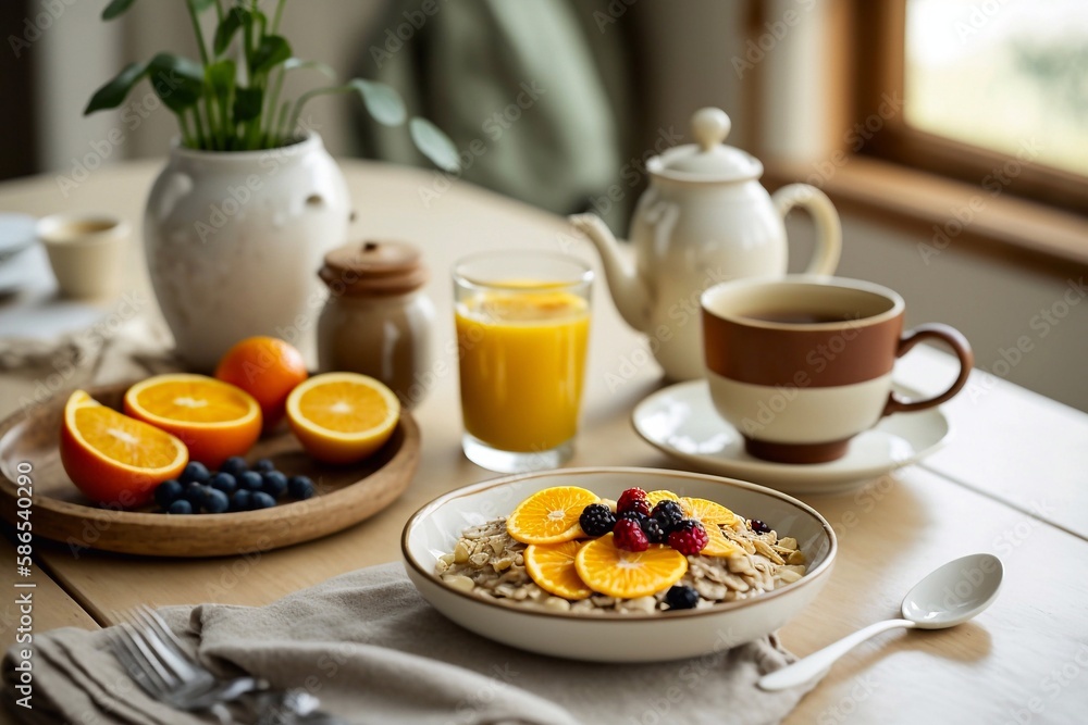 Healthy breakfast at the table in a bright kitchen. Generative AI Healthy breakfast at the table in a bright kitchen. Generative AI