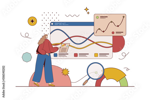 Business statistic concept with character situation in flat design. Woman analyzes data and financial statistics of development of company, writes report. Illustration with people scene for web photo