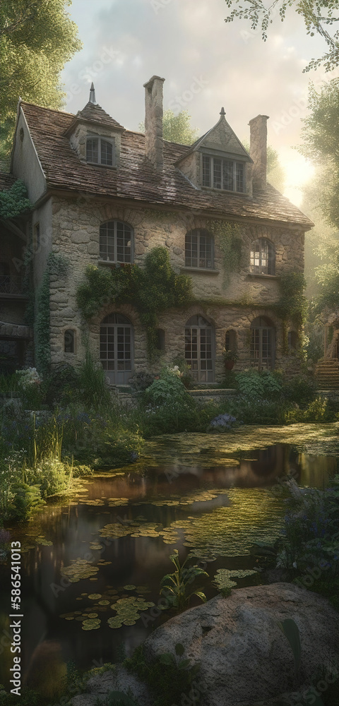 Fototapeta premium Surreal medieval stone mansion, concept Art, Generative AI