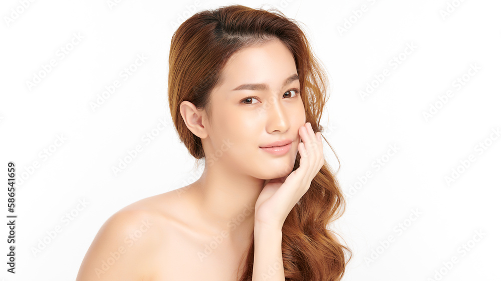 Beautiful young asian woman with clean fresh skin on white background, Face care, Facial treatment, Cosmetology, beauty and spa, Asian women portrait.