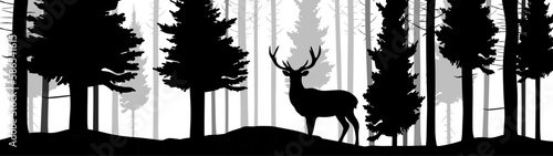 Black silhouette of wild forest woods animals deer and forest fir spruce trees camping adventure wildlife hunting landscape panorama illustration icon vector for logo, isolated on white background