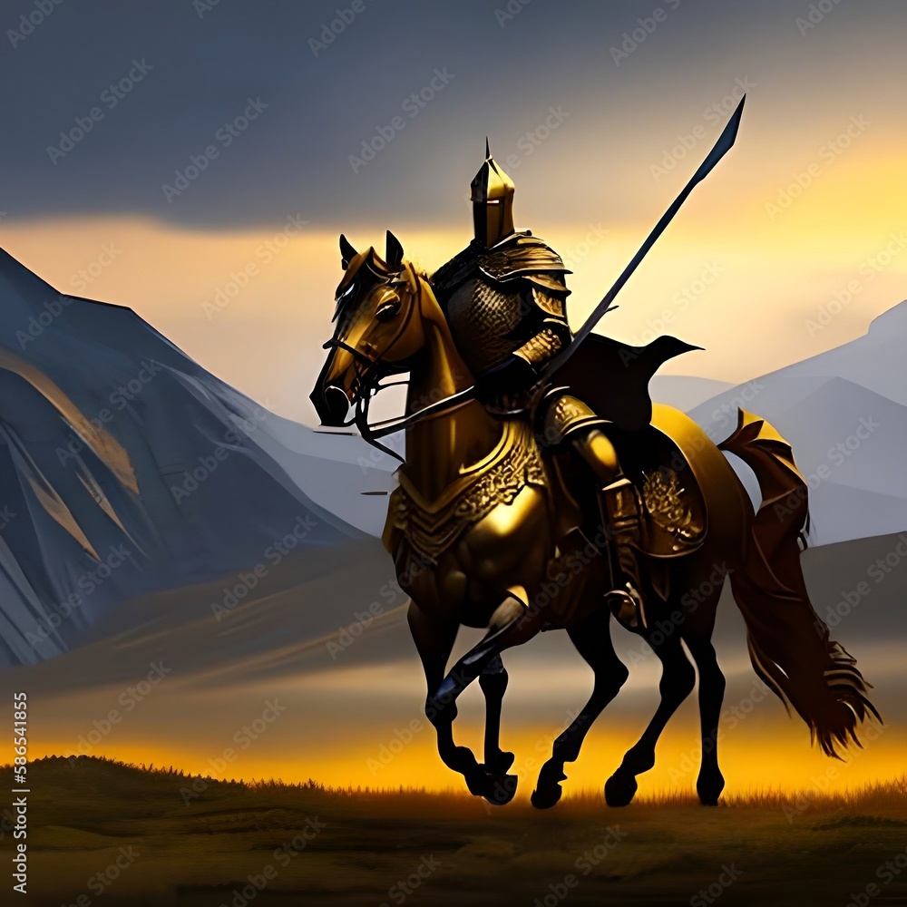Fototapeta premium Digital illustration painting design style a golden knight and his horse walking to field of swords