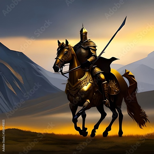 Digital illustration painting design style a golden knight and his horse walking to field of swords