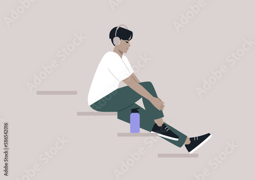 Young Asian character sitting on the stairs, lost in the music streaming through their earphones