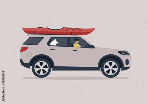 A young character traveling with their dog, a kayak boat fixed to a roof rack of the car, road trip