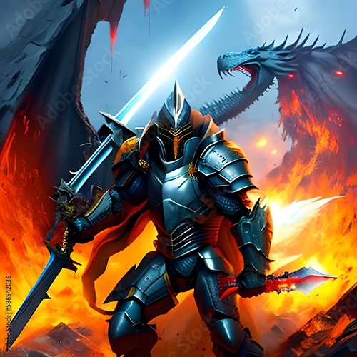 Digital illustration painting design style a knight in Hi tech armour suit and hole big sword against big dragon in explosion, ready fighting © Mstluna