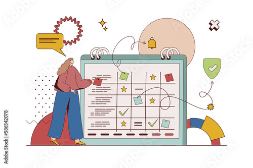 Planning concept with character situation in flat design. Woman making to-do list, work tasks and business meetings using calendar and note stickers. Illustration with people scene for web photo