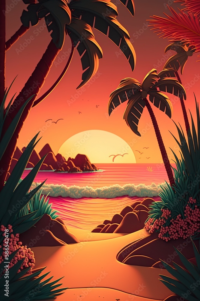 cartoon illustration, tropical landscape, ai generative