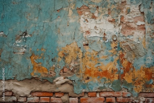 weathered brick wall with peeling paint. Generative AI