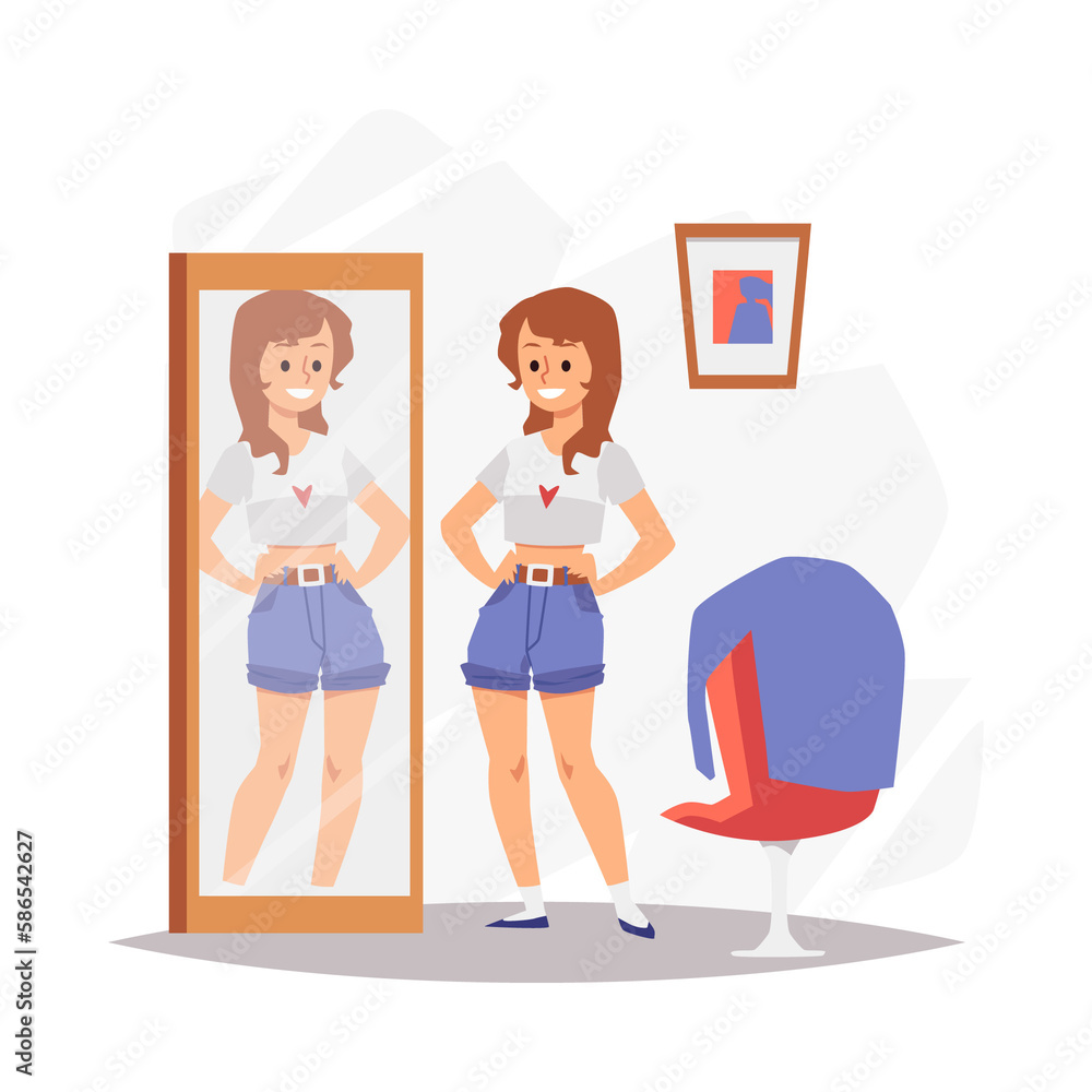 Woman happy and contented with her appearance, flat illustration isolated. Woman happy and contented with her appearance, flat illustration isolated.