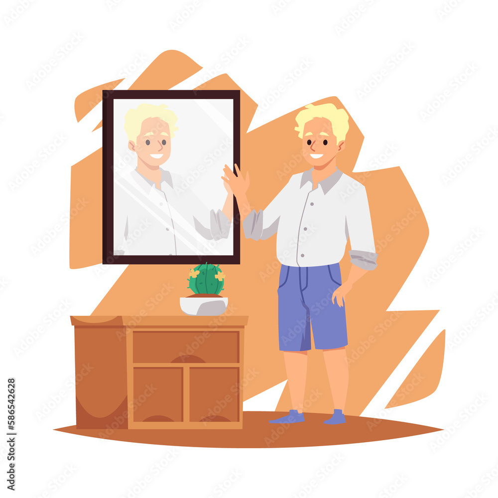 Man cartoon character looking at mirror, flat illustration isolated. Man cartoon character looking at mirror, flat illustration isolated.