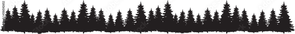 Vector black silhouettes of pine trees in the forest on a white background. Panoramic illustration	