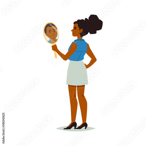 Woman looking in mirror with self hate, negative self acceptance and assessment.