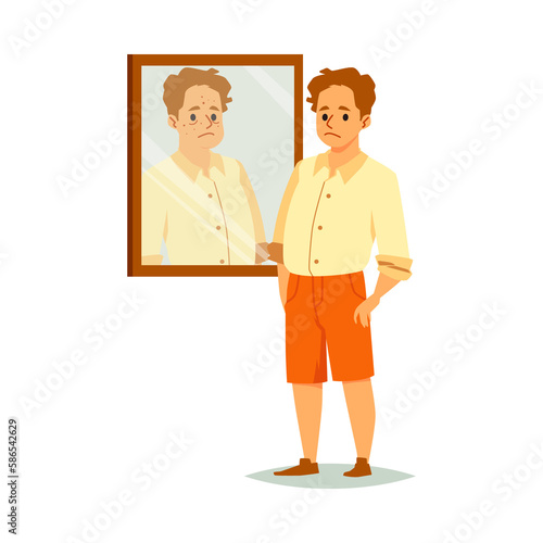 Man experiences a problem of self acceptance, flat illustration isolated.