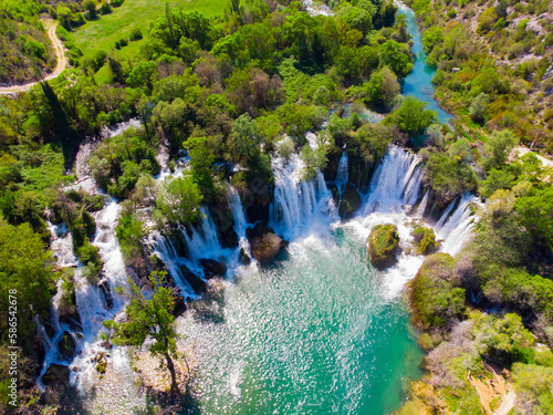 Drone aerial top down view of picturesque Kravice waterfalls in Bosnia Herzegovina. photo