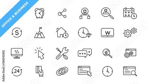   Office and Business thin line web icons. Outline icons collection. Business, Marketing, Banking, SEO, Teamwork and other symbols. Office management sumbols.