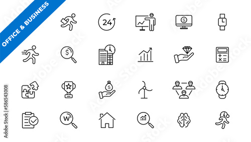    Office and Business thin line web icons. Outline icons collection. Business, Marketing, Banking, SEO, Teamwork and other symbols. Office management sumbols.