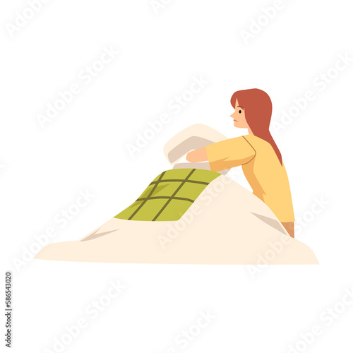 Lonely sleepless woman sitting under blanket, flat illustration isolated.