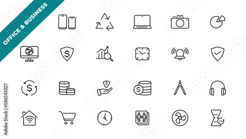    Office and Business thin line web icons. Outline icons collection. Business, Marketing, Banking, SEO, Teamwork and other symbols. Office management sumbols.